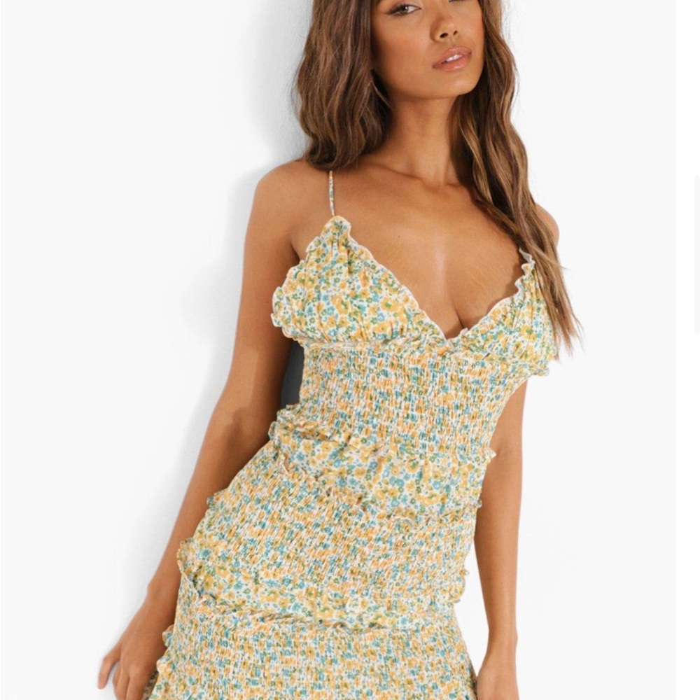 Boohoo 
Floral Shirred Frill Tiered Mini Dress